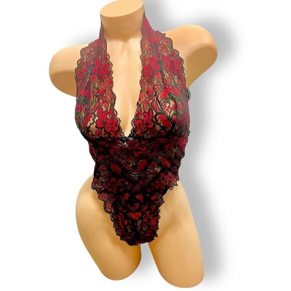 Vintage Y2K Fredericks of Hollywood red black low cut lace teddy sz L stretchy - Picture 1 of 15